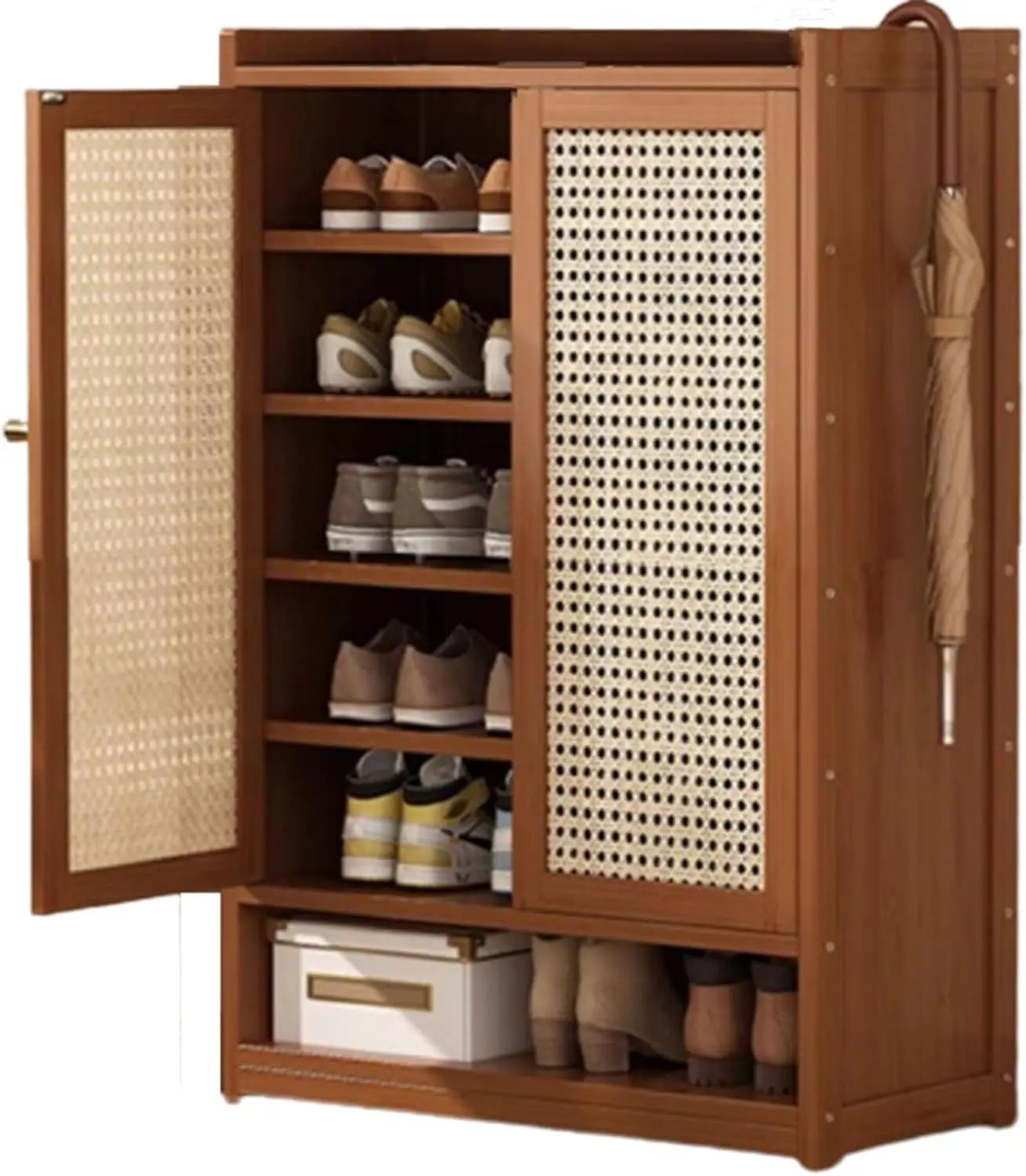 

！@Combohome Portable Multifunctional Natural Bamboo 5 Tiers Shoe Organizer with Two ABS Drawers Shoe Cabinet