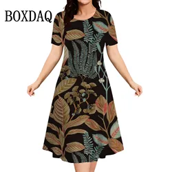 Summer Vintage Dresses Women Plant Flowers Round Neck Short Sleeve Sundress Loose Dress Casual 3D Printed Ladies New Retro Dress