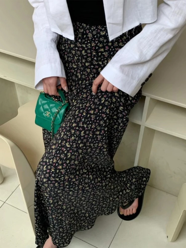 Saia Longa Floral E de Cintura Alta em A para Mulheres, Novo Estilo Primavera, Chic e Versátil, Saia Drapeada para o D...