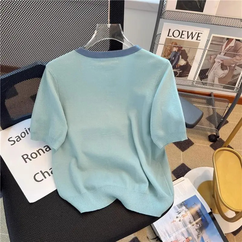 Women Stylish Contrast Color Sweet Chic Beaded Button Knitwear New Summer Elegant Casual O Neck Short Sleeve Loose Ice Silk Tops