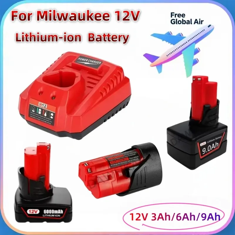 For Milwaukee 12V 3Ah/6Ah/9Ah Battery  Compatible with  M12 XC 48-11-2410 48-11-2420 48-11-2411 12-V