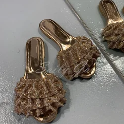 Crystal Flat Bronze Slippers For Women Peep Toe Bling Bling Rhinestone Mules Slippers Summer Woman's Flip Flops Shallow Sandals