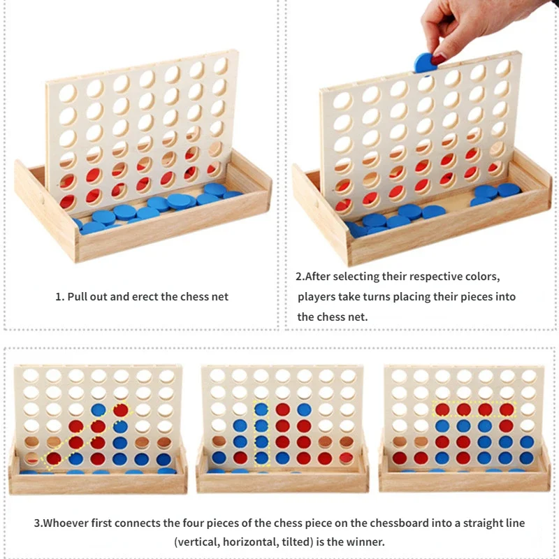 Wooden 4 In A Row Board Game 4 Connected Games for Travel Board Game Foldable Classic Family Fun Toy Montessori Wooden Toys