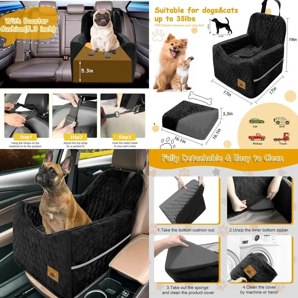 

Pet Car Seat with Memory Foam, Washable Cover & Storage for Dogs up to 35 lbs, Black