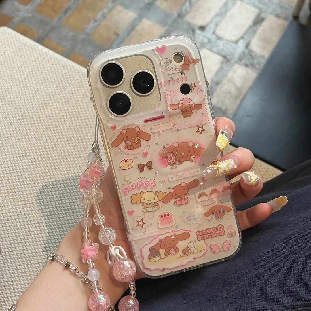 

Creative Black skin Cinnamoroll Phone Case For iPhone 17 16 15 14 Pro Max Cartoon Cats Bow Ribbon Y2K Cover With Lanyard