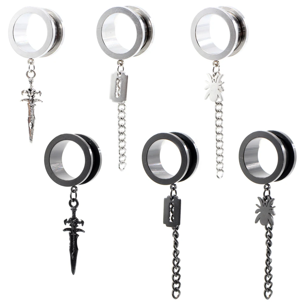 Alisouy 2PCS Edelstahl Schwert Klinge Spinne Kette Baumeln Schraube Ohr Gauge Plug Tunnel Expander Ohrring Körper Piercings schmuck