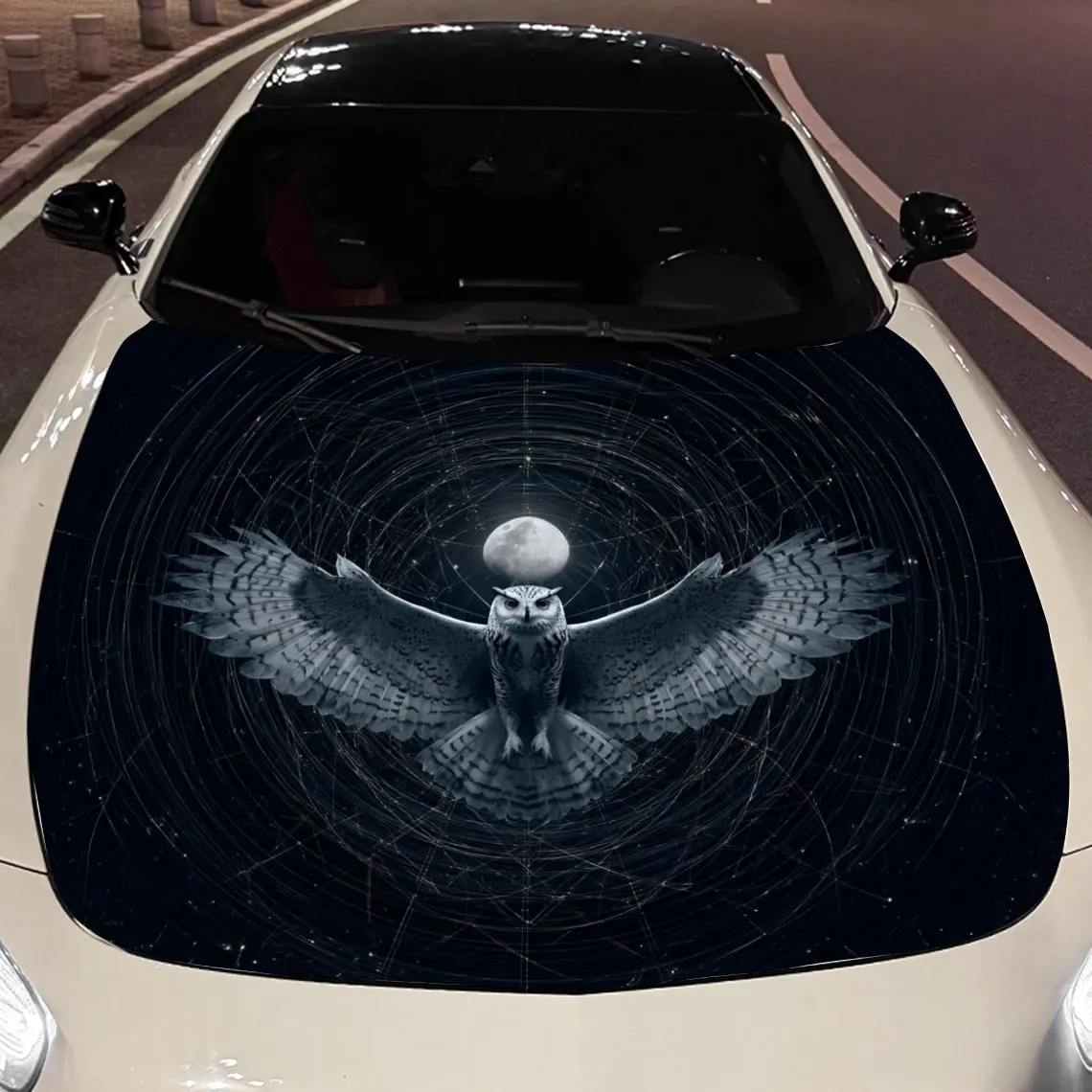 Black Owl with Star Chart Car Vinyl Wrap, PVC Material Waterproof Car Hood Sticker, Self-Adhesive Scratch-Resistant Stickers for