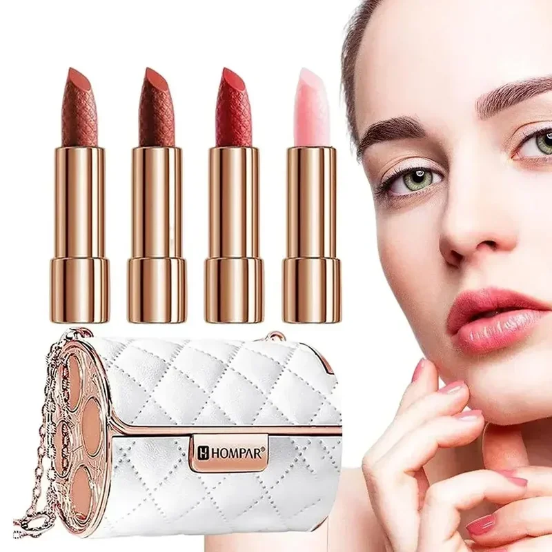 4 unids/set lápiz labial de terciopelo brillante mate conjunto de maquillaje de larga duración bolsa de cadena de moda creativa regalo de lápiz labial grabado