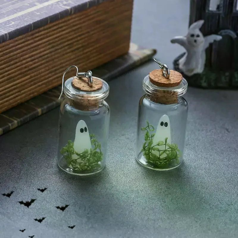 Luminous Ghost Necklace Halloween Tiny Glow Drifting Bottle: Adopt Ghost Earrings Creative Green Specter Jewelry Gift