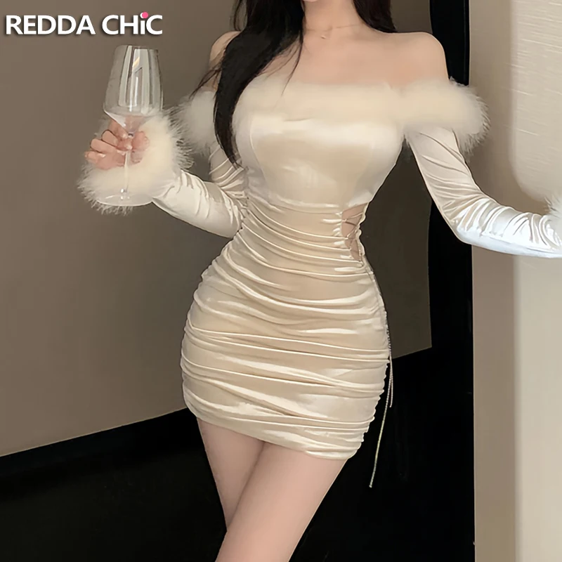 REDDACHiC 크리미 화이트 벨벳 여성 바디콘 원 숄더 컷 아웃 스트랩 롱 슬리브 미니 드레스 새해 생일 파티 의류