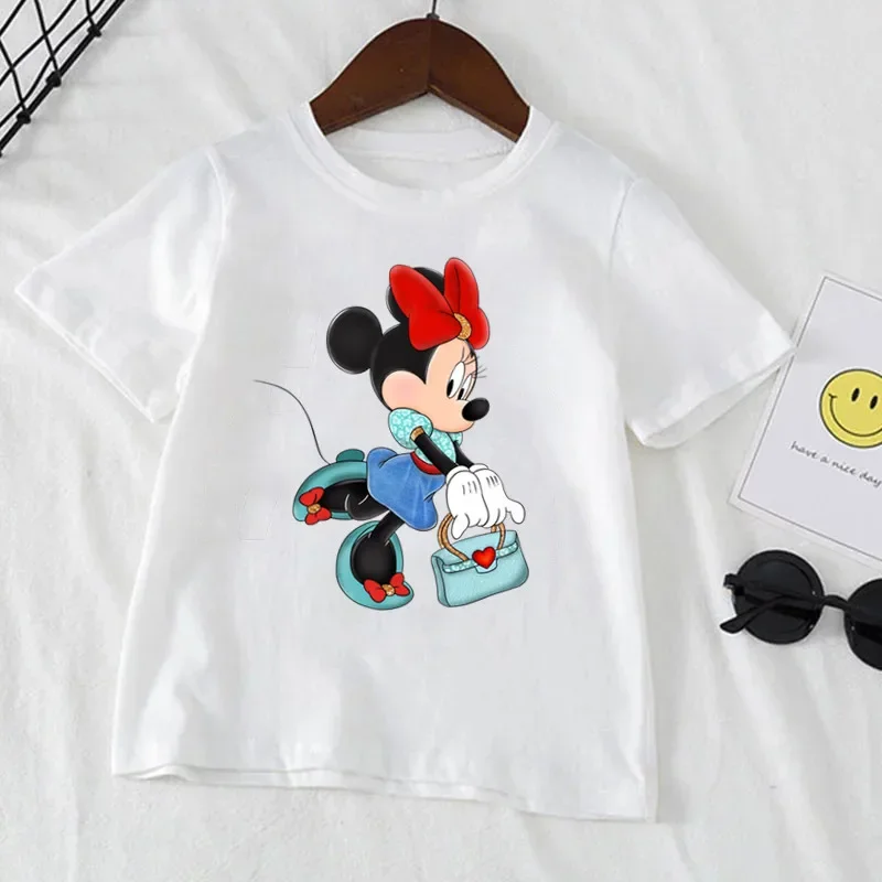 2024 Disney Minnie Mouse Print Girls Clothes Child T-shirt White Short Sleeve Tee Shirt for 1 to 12 Year Old Girls