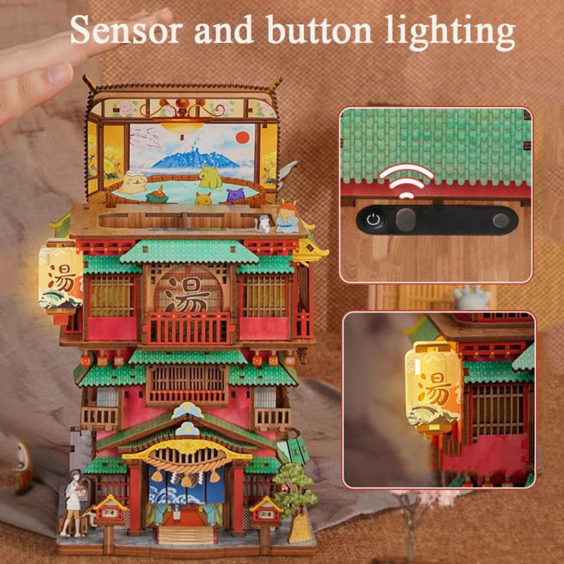 DIY 3D Houten Puzzel Japanse Hot Spring Huis Opbergdoos Cottage Miniatuur Model Kits Inductieve Casa Legpuzzels Geschenken