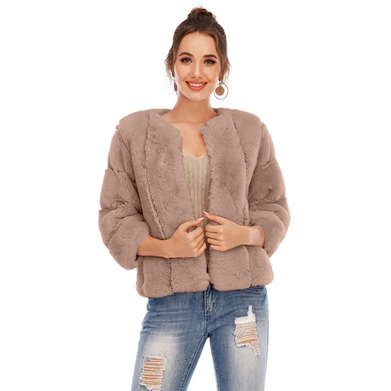 

Solid Short Women's Faux Fur Jacket O Neck Loose Plush Coats Winter Stylish Women's Furry Jackets Long Sleeves Fulffy Cardigans