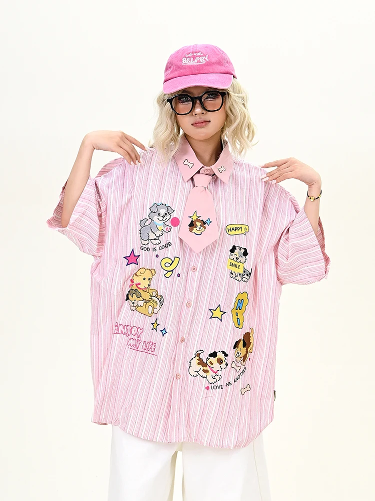 

een Cartoon Striped ort Sve Loose Women's irt Summer 2025 Trendy BF Sle Vintage Top Comfortable Streetwear