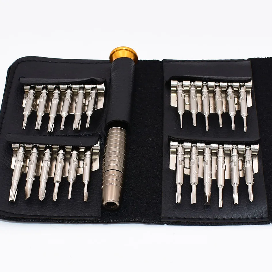New With 0.6Y Leather Case Wallet Style Keytainer 25 in 1 Screwdriver Set with Screwdrivers Bits Hand Tools for iPhone 50set/lot