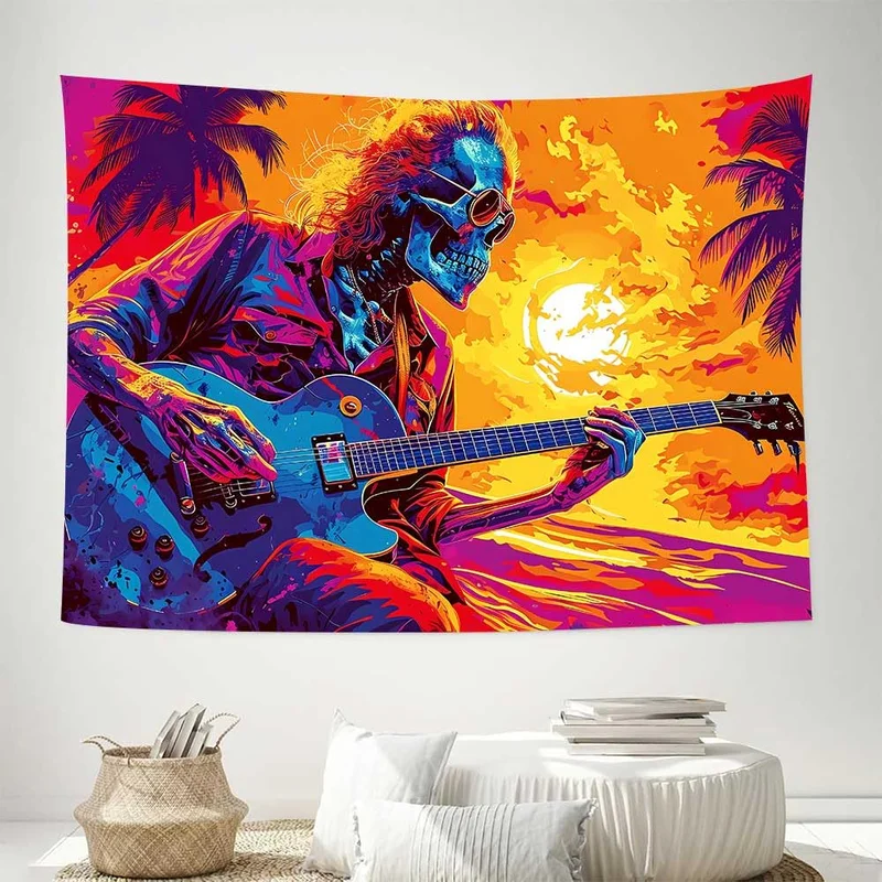 VIKAMA Skeleton Guitar Tapestry Colorful Neon Sunset Palm Trees Rock Music Skull Wall Hanging Psychedelic Wall Art Dorm Decor