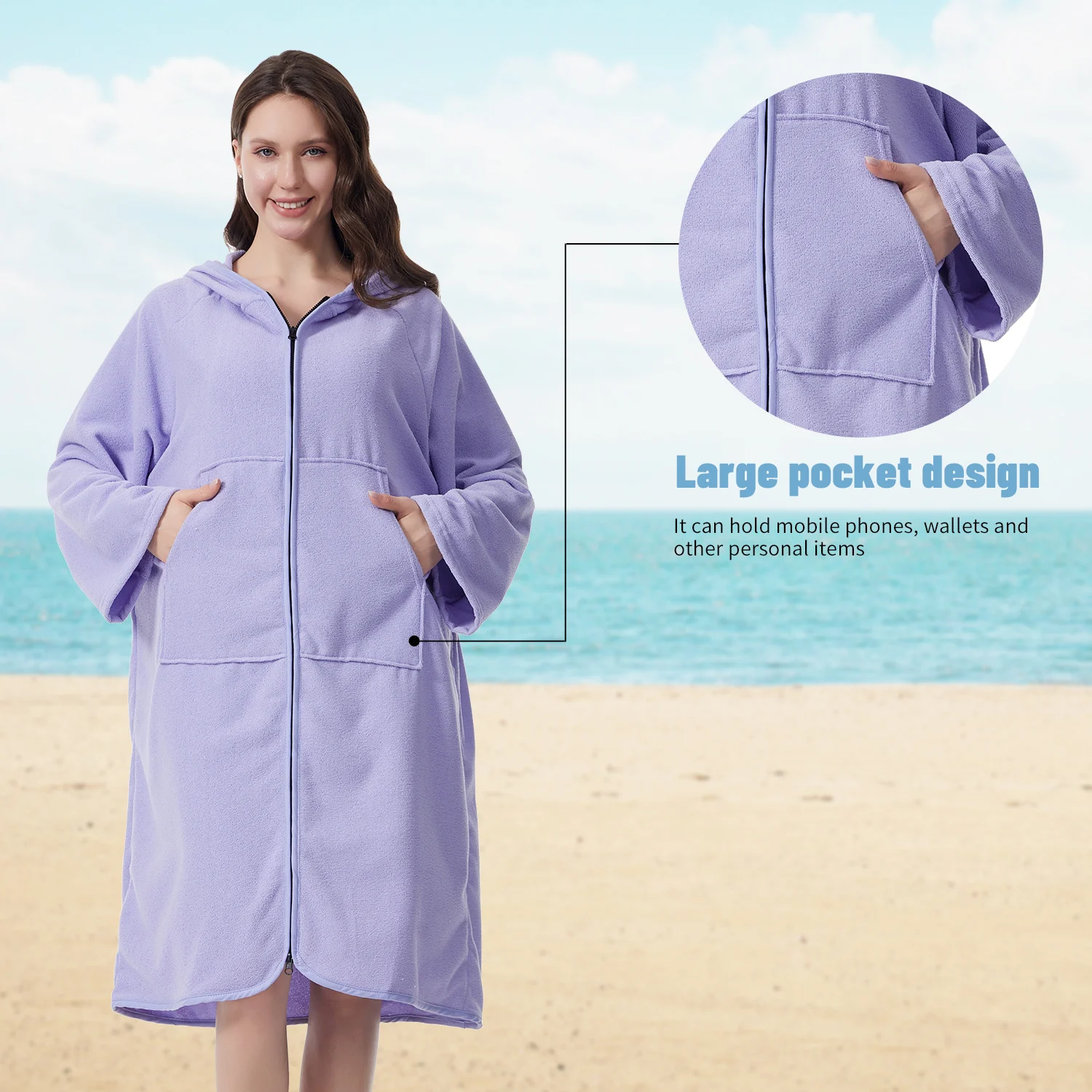 Mutao Schlingenbademäntel mit Reißverschluss, weiche lange Ärmel – super saugfähig, schnell trocknend, warm, perfekt geeignet für Strand, Schwimmen – Detail 4