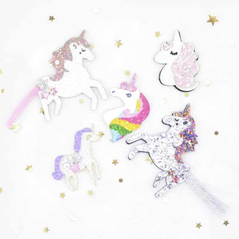 5Pcs Multiple Styles Glitter Fabric Appliques Cartoon Unicorn Horse Padded Patches for DIY Clothes Headwear Hair Clips Decor