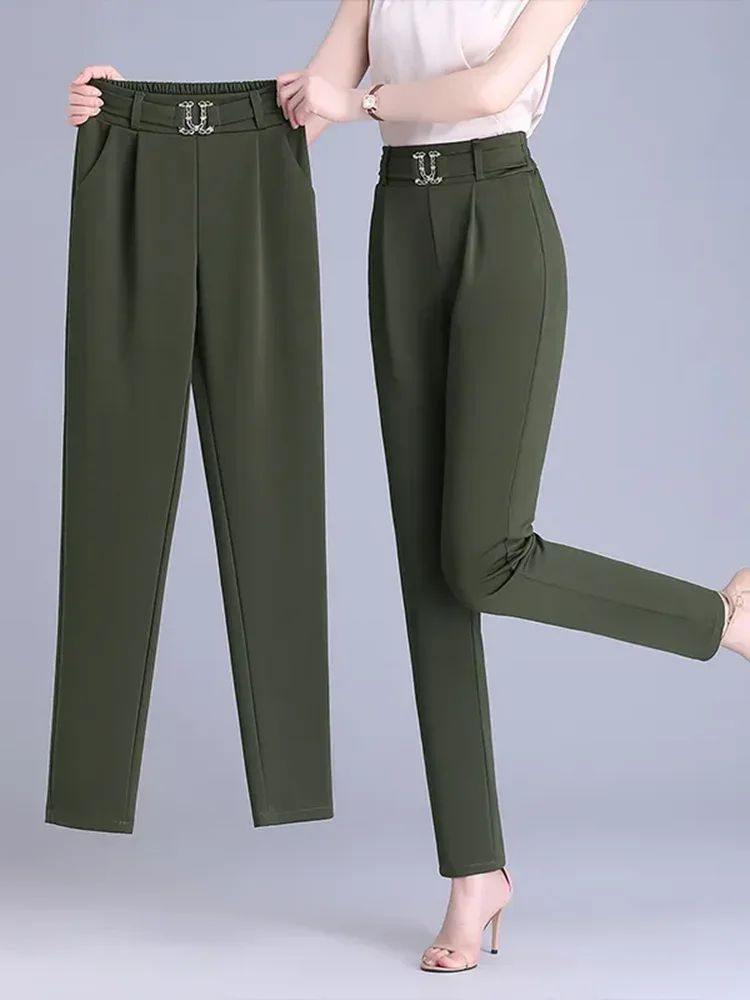 الإناث الرسمية سليم البدلة السراويل النساء مكتب مرونة عالية الخصر الحريم Pantalones ربيع الخريف Ol الكلاسيكية الصلبة كبيرة الحجم Calca XQ63