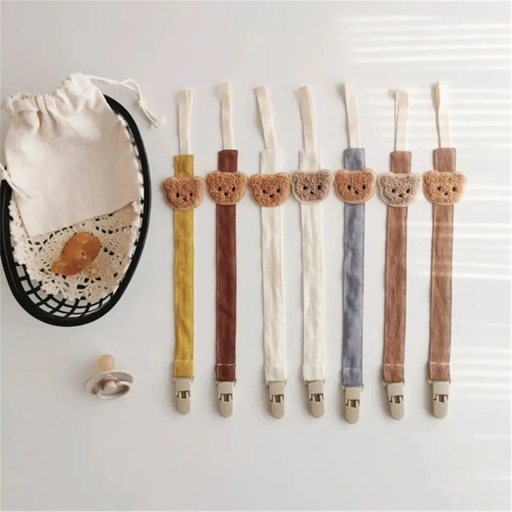 Anti-lost Embroidery Baby Cloth Pacifier Chain Lattice Bear Soother Holder Dummy Clips Adjustable Nipple Holder Clips Toddler