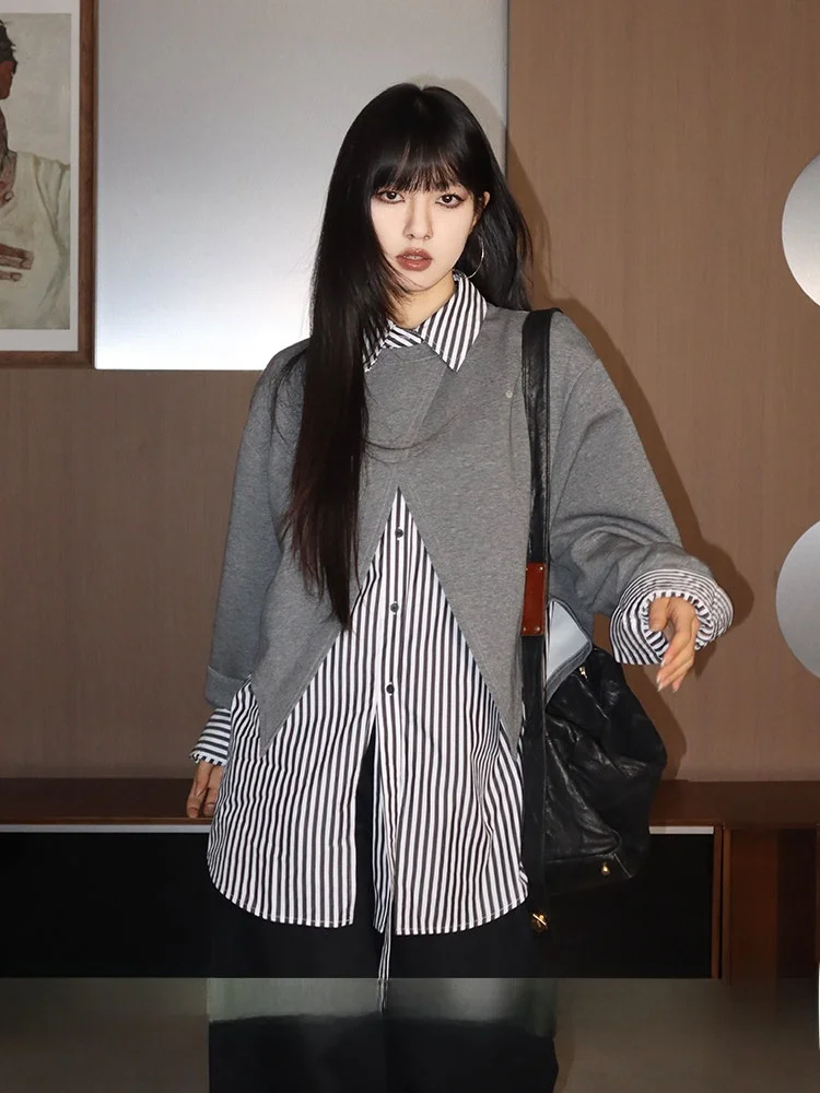 

Женский комплект из двух предметов: полосатая рубашка и жакет с длинным рукавом, повседневный, весенне-осенний, из хлопка, свободного кроя, модный