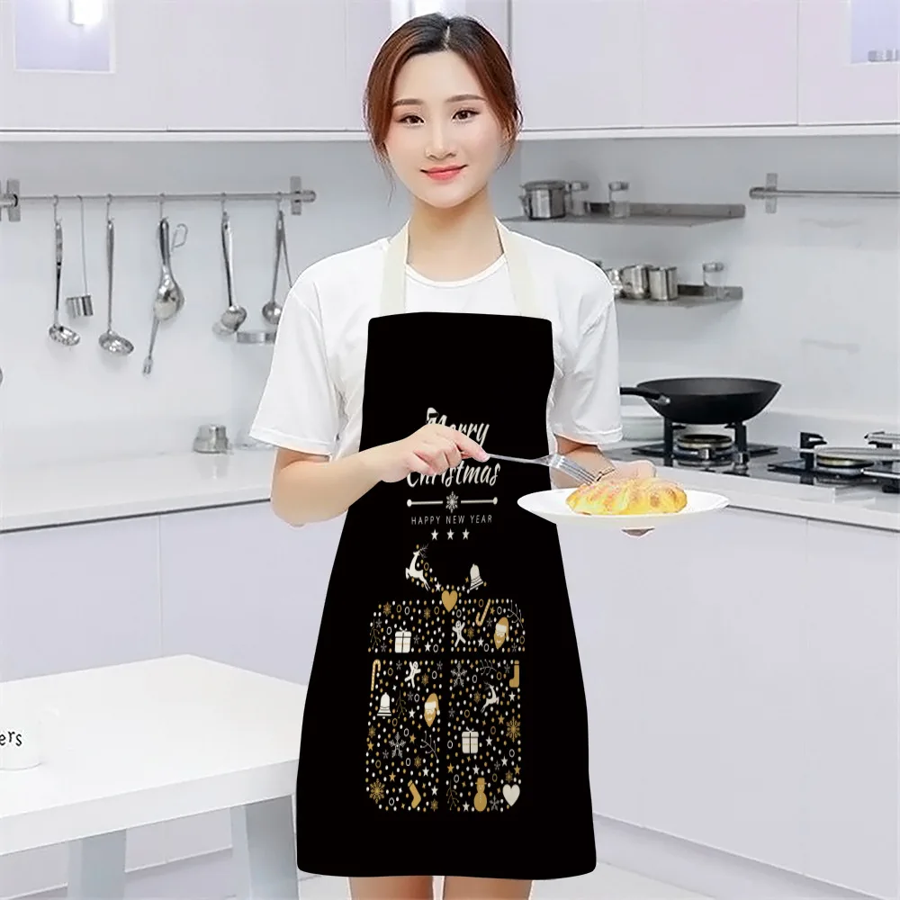 Black Gold Christmas Apron Elk Snowman Christmas Tree Kitchen Cooking Aprons Christmas Decorations for Home Delantal Cocina