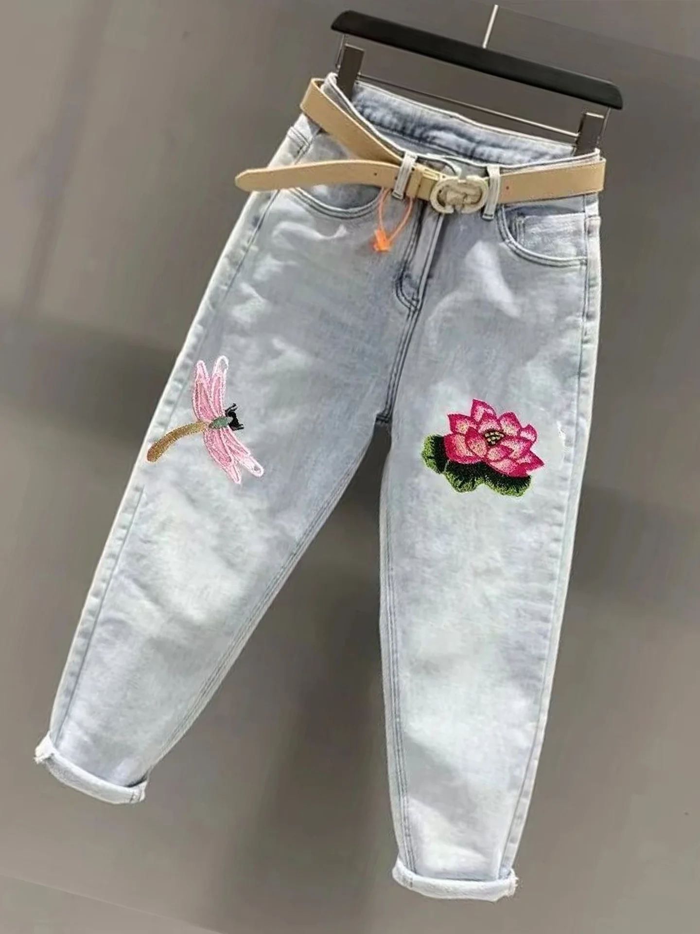 

Chinese Style Heavy Embroidery Lotus High Waist Denim Harem Pants Women Summer New Slimming Fashion Nine Points Pants