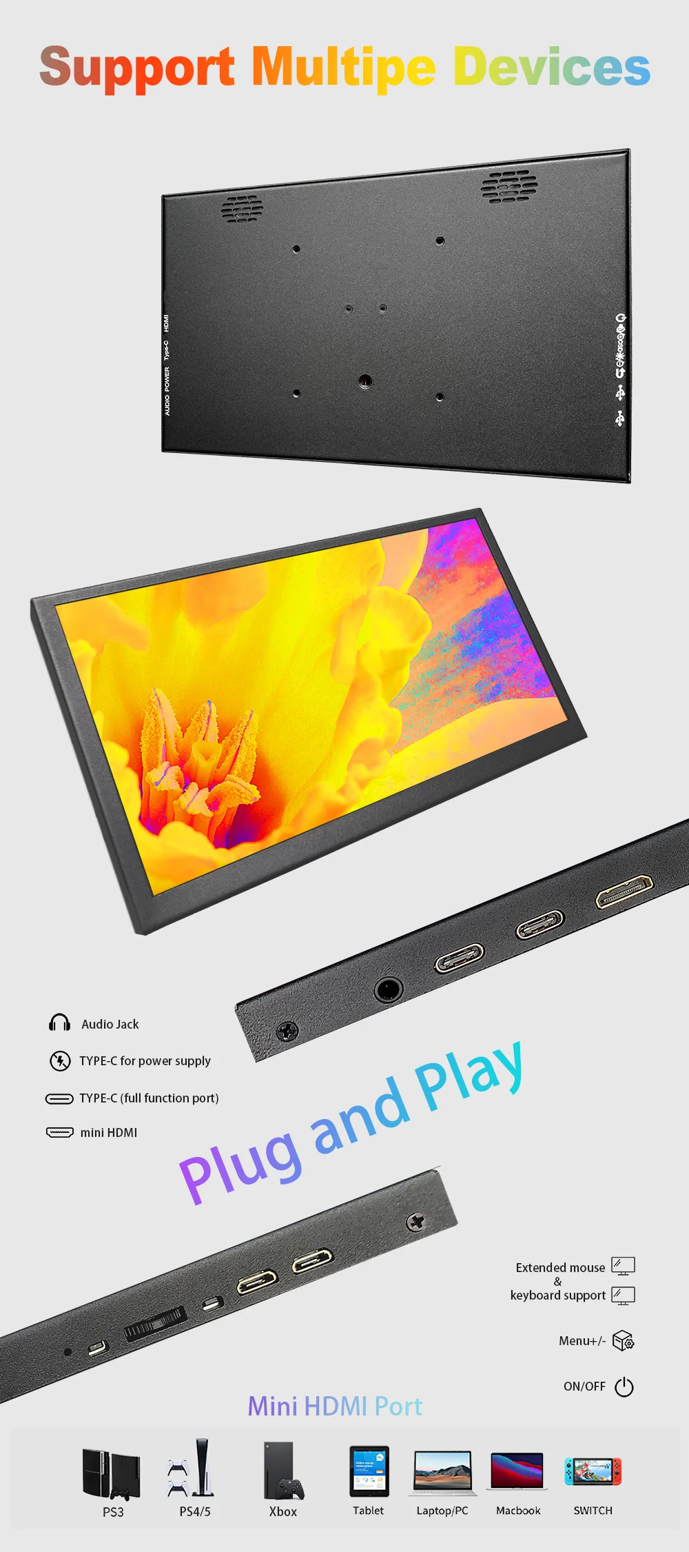 10,1 Zoll USB C Port 2,5K FHD IPS Panel Tragbares Mini-Display für Raspberry Pi, PC, Laptop, Grafikkarte, Autonavigation