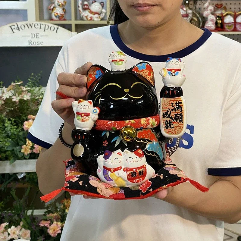 Creative Black Lucky Cat Large Decoration Ceramic Black Cat Piggy Bank Opening Gift Modern Simple Household Desktop Decoration