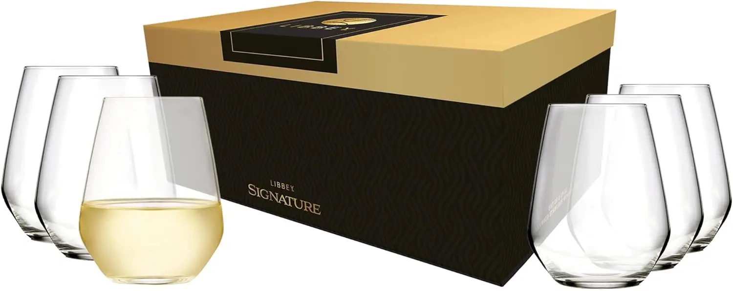 

Signature Greenwich Stemless Wine Glasses Set of 6, Modern Wine Glasses for Red and White Wine, Ideal Stemless Wine Glas