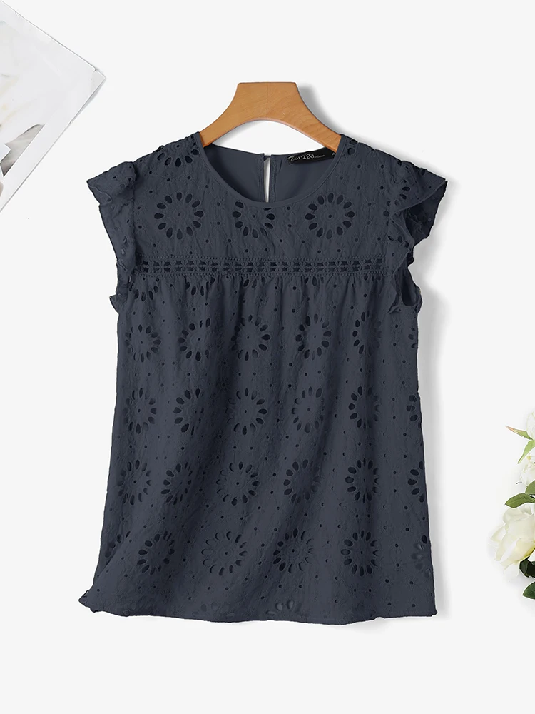 ZANZEA Hollow Out Embroidered Ruffles Tank Tops Summer 2024 Casual Women Fashion Camisole Sleeveless O Neck Lace Patchwork Tees