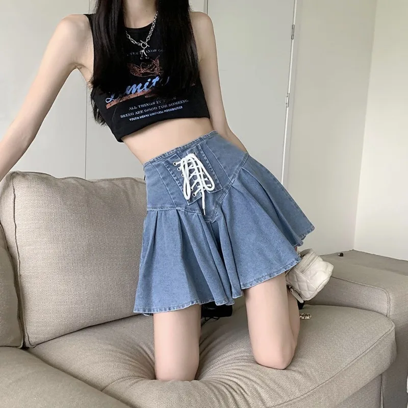 Bandage Denim Mini Skirt for Women Summer Fashion French Style  A-line Pleated Shorts Skirt Blue Vintage Clothing Y2k