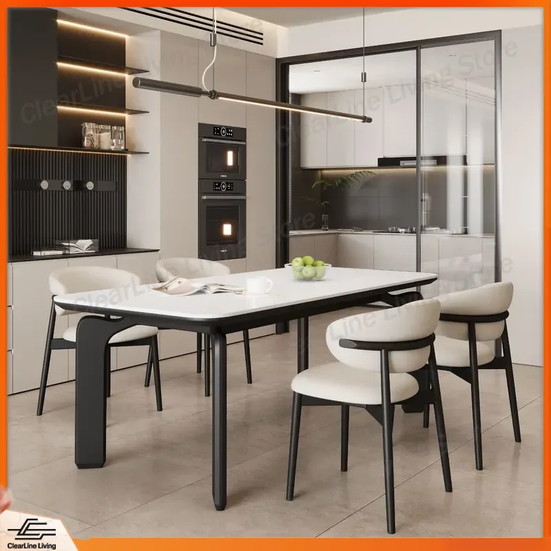 Cream Style Elephant Leg Dining Table Set Modern Simple Rectangular Rock Slab Table and Chairs for Small Apartment Home