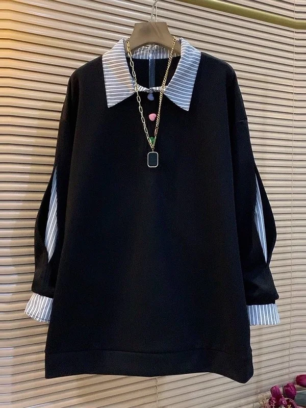 

plus Size Loose Fit Striped Patchwork Design Sweatshirt for Women 300 Pounds Spring Autumn Fashion Anti-Aging Large Size
