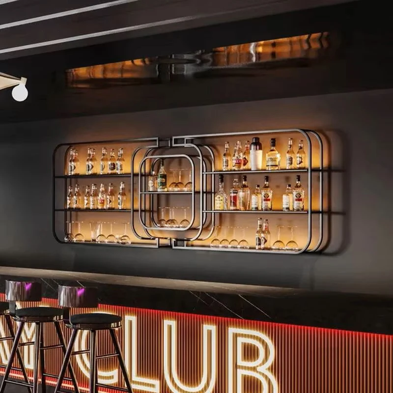 심플한 철제 와인 랙 바 카운터 디자이너 디스플레이 캐비닛 조명 포함 고급 창의적 벽걸이형 바 캐비닛