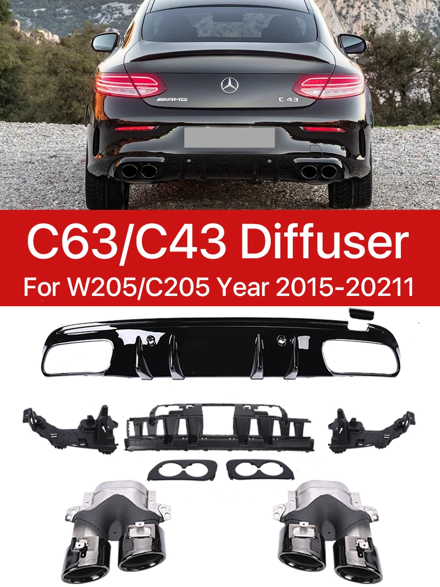 

C63 C43 Style AMG Look For Mercedes Benz C Class W205 C205 S205 A205 Sedan Coupe Rear Diffuser With Exhaust Pipes 2015-2021