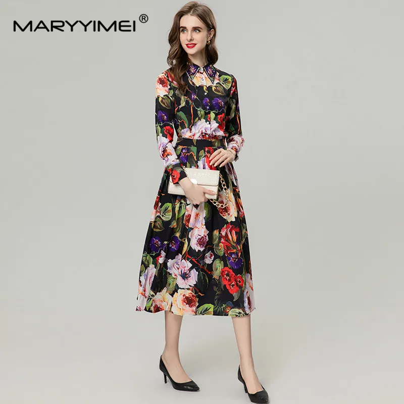 

MARYYIMEI Fashion Women's New Shirt Collar Nail Beads Diamond Floral Vintage Printed Shirt Top+MIDI Black Half Skirt Two-Piece