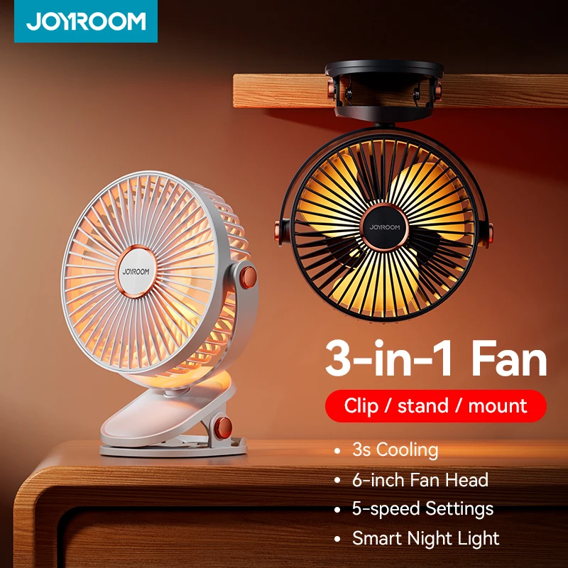 

Joyroom USB Rechargeable Clip on Fan Portable Mini Desk Fan 720° Rotation Adjustable 5 Speeds Quiet Wind Standing Fan for Home