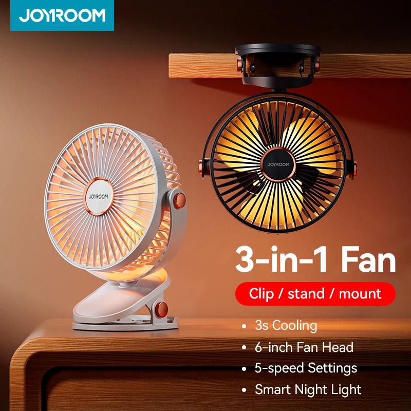 

Joyroom USB Rechargeable Clip on Fan Portable 6 inch Desk Fan 720° Rotation Adjustable 5 Speeds Quiet Wind Standing Fan for Home