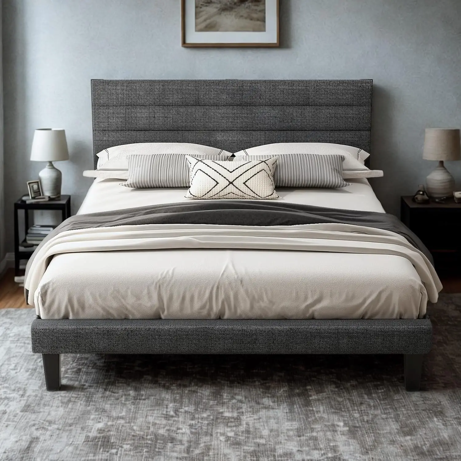 

Platform Bed Frame Queen Size with Linen Fabric Headboard,Modern Panel Low Profile Bed with Upholstered & Sturdy Slats Support f