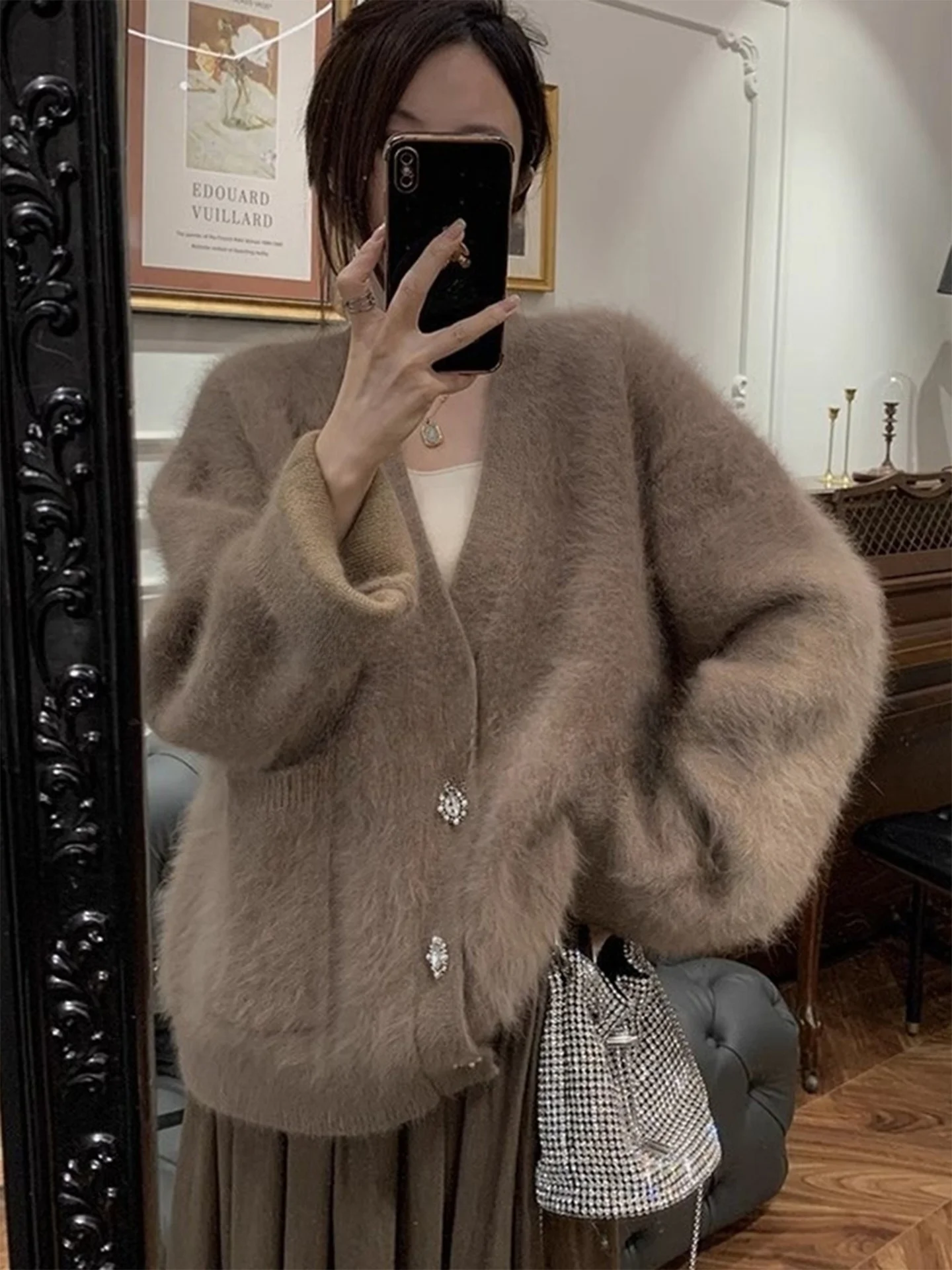 

i Color V-Ne Mink Knit Loose Women's Outerwear Rouje Kefss Autumn Winter Casual Sle Long Sve Cardigan Top