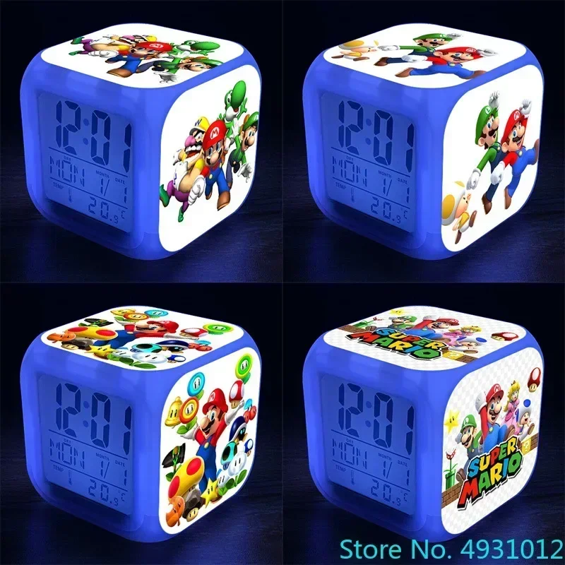 Kawaii Super Mario Bros LED colorido moda 8x8x8cm despertador estudiantes niños dormitorio decoración regalo de cumpleaños