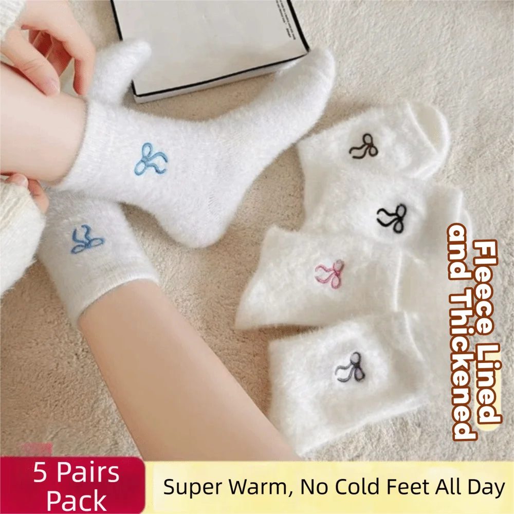 

Cozy Wear Sweet Bow Mink Velvet Socks Thickened Cozy Socks White Color Hairy Warm Socks Women Girls