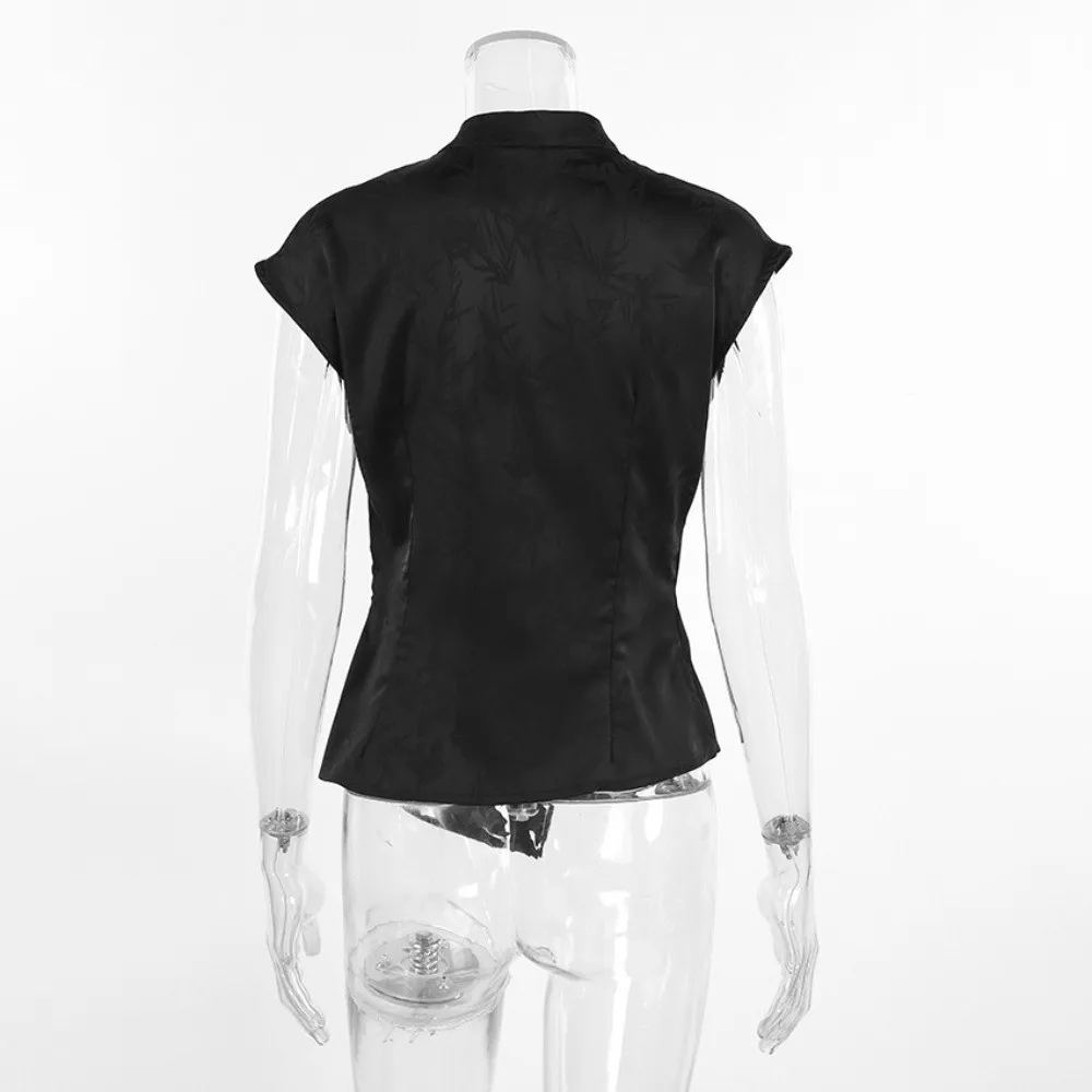 Elegant Asymmetry Hem Blouse Top Side Placket Frog Button Qipao Tunic Stand Neck Jacquard Weave Sleeveless Shirt Party Occasion