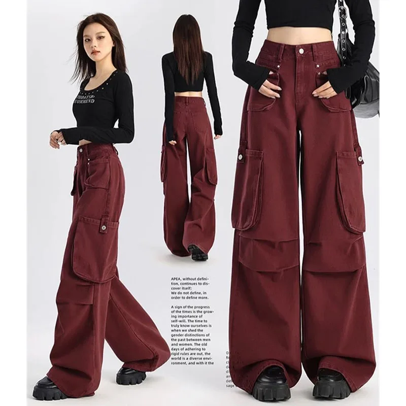 Spring Autumn Femme High Waist Denim Pantalons Ladies Multi Pocket Work Cowboy Straight-leg Trousers Korean Women Wide Leg Jeans