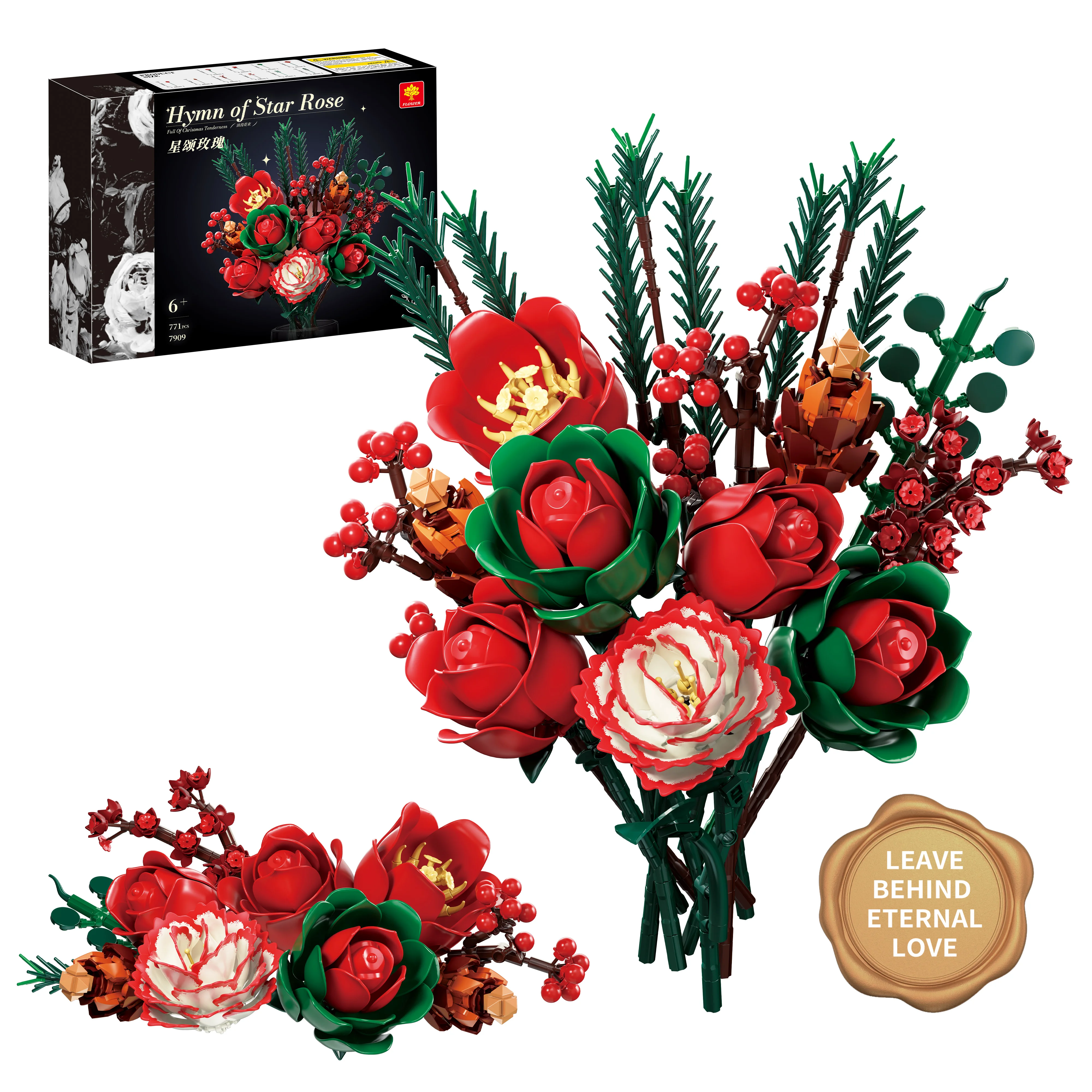 

New Christmas Roses Bouquet Building Set Blocks Flowers Artificial Botanical Home Decor Valentines Day Creative Gifts for Adults