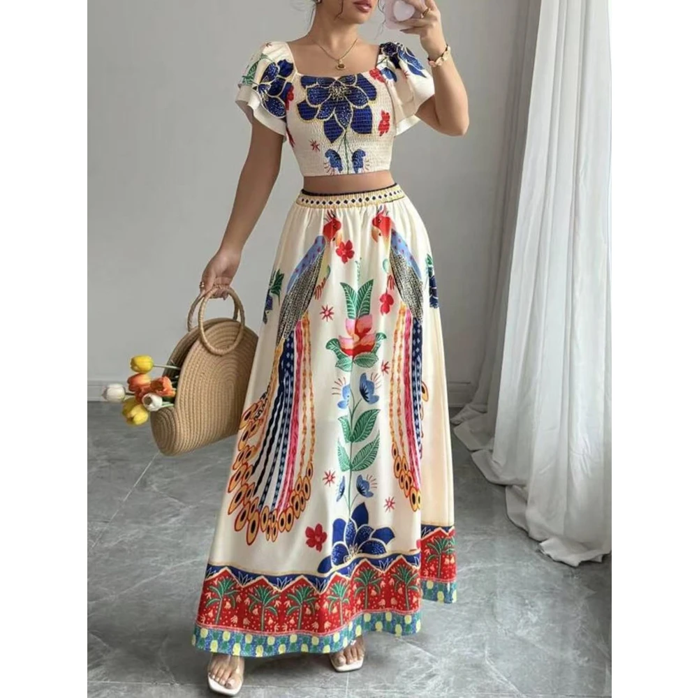 Boho Parrot Floral Print Maxi Dress Women Short Sleeve Square Neck Smocked High Waist Long Dress Holiday Beach Party Vacation