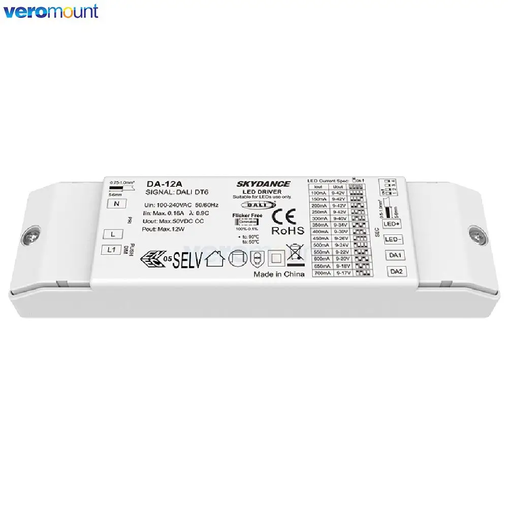 Skydance DA-12A 100-240V AC 12W DALI Constant Current Dimmable LED Driver 100-700mA Total 13 Levels 10-42V DC DALI Power Supply