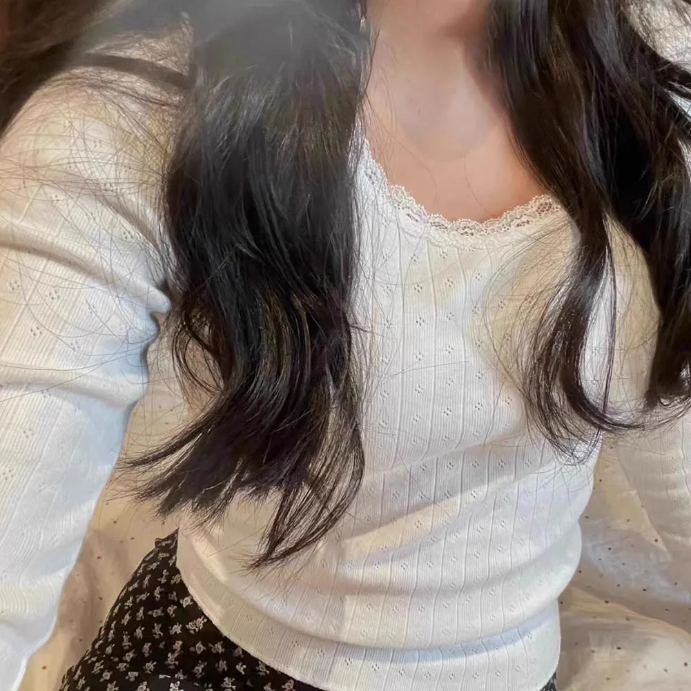 

Вязаная футболка с бантом и декором, сексуальная рубашка с длинным рукавом, футболка с кружевной отделкой, модный декор с бантом 2000-х годов, новинка, состояние