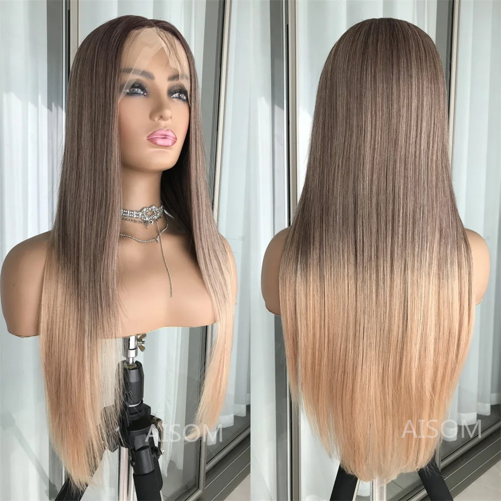 Ombre Ash Grey Straight Lace Front Wig Natural Hair with Dark Roots Synthetic Lace Wigs for Women Heat Resistant Fiber Hair